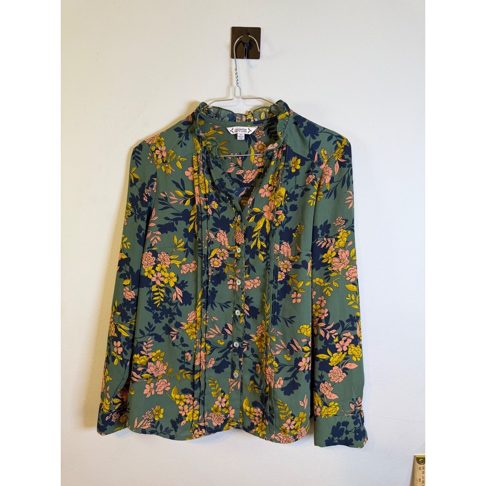 Nanette Lepore Womens Blouse Floral Ruffle Neck Green XS
